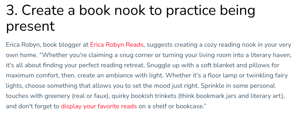 Mindful Living at Home: 13 Little Ways to Stay Intentional by Julia Weaver - Erica Robyn Reads blurb about creating a cozy book nook